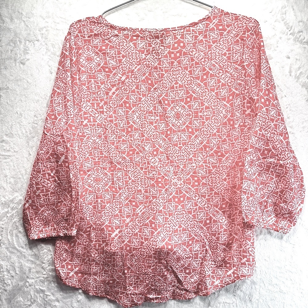 Chico’s Gauzy Tie Front 3/4 Sleeve Aztec Print Boho Popover Blouse in Watermelon - Picture 3 of 10
